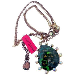 Betsey Johnson Crystal Green Cheetah Pendant Necklace 38" Jewelry  Asian Jungle